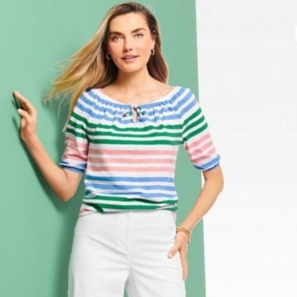 Talbots Striped Pastel Top Spring Colors Wideneck - Picture 1 of 7